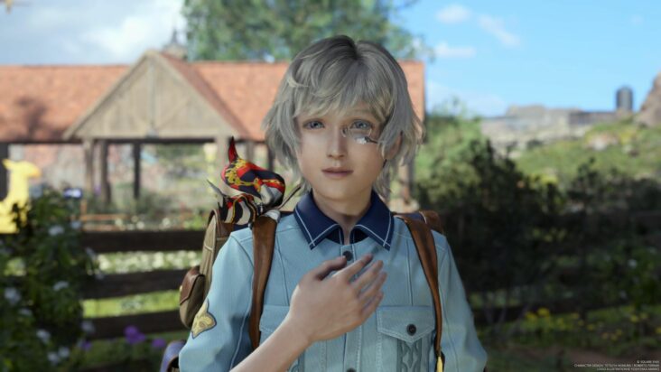 Chadley, an android who resembles a blonde-haired schoolboy, stands in front of a sunlit home.