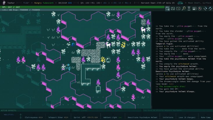 A screenshot from Caves of Qud shows several passages and large rooms in a cavern, adventurers and beasties and walls all made with low-res ASCII-style graphics.