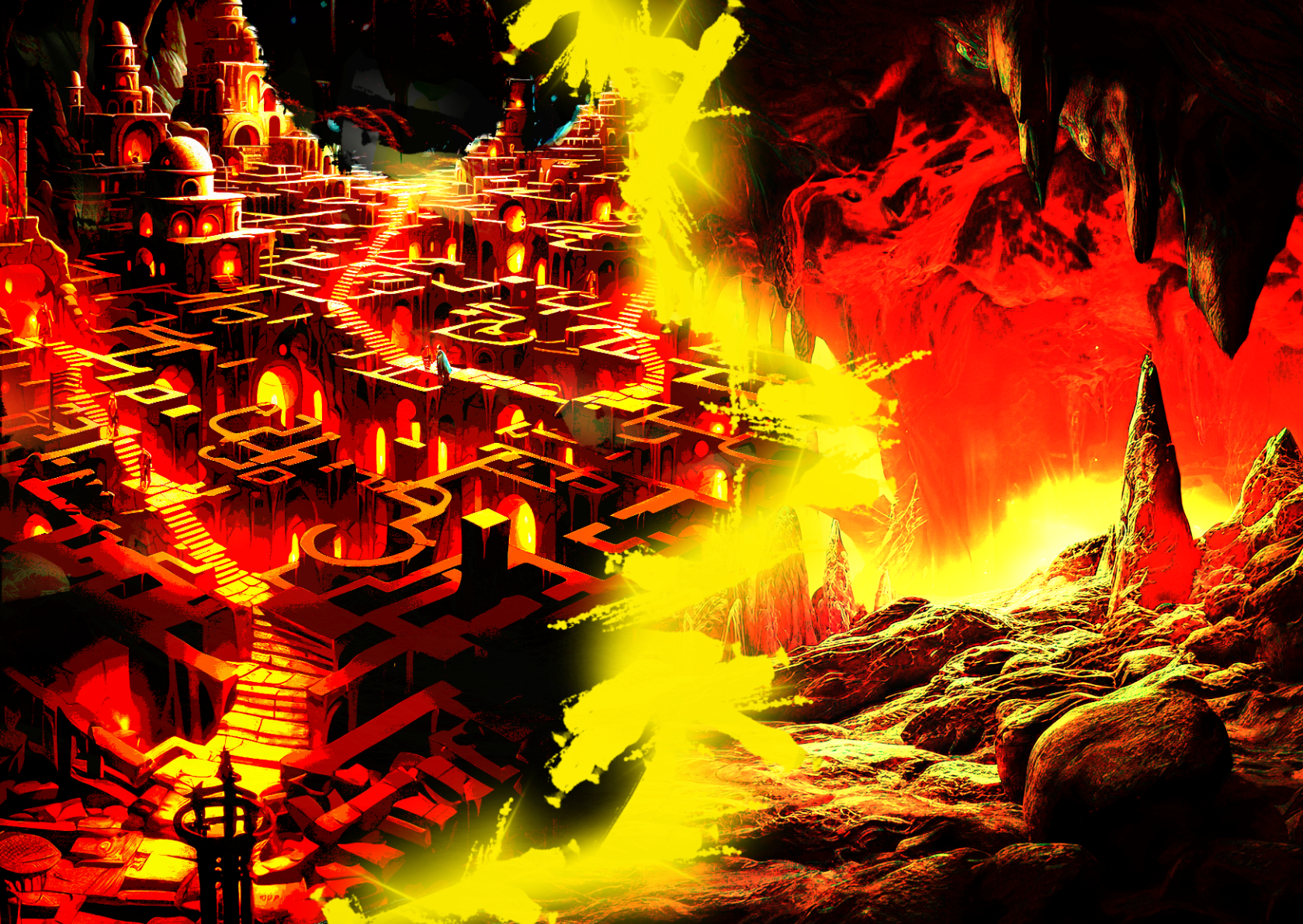A hellish cityscape stretches into the distance, fire-lit cavern walls surrounding it.