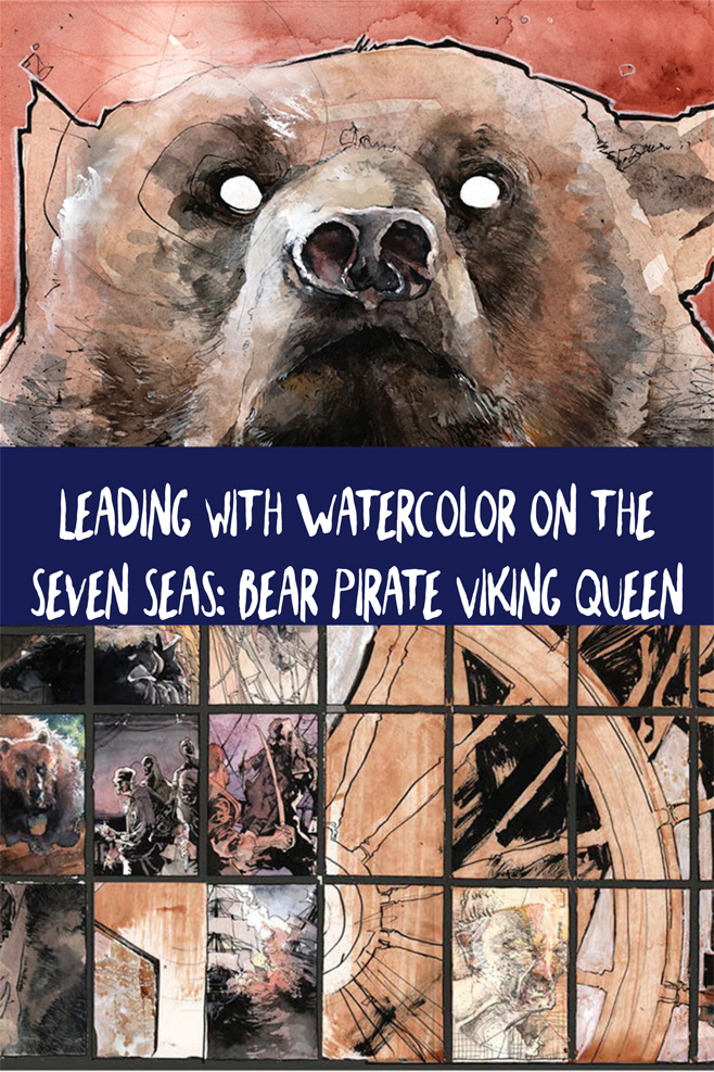 Artwork from Bear Pirate Viking Queen shows a watercolor painting of a bear's face, eyes white and shining, and several thumbnail images that put together form the side of a ship's wheel.