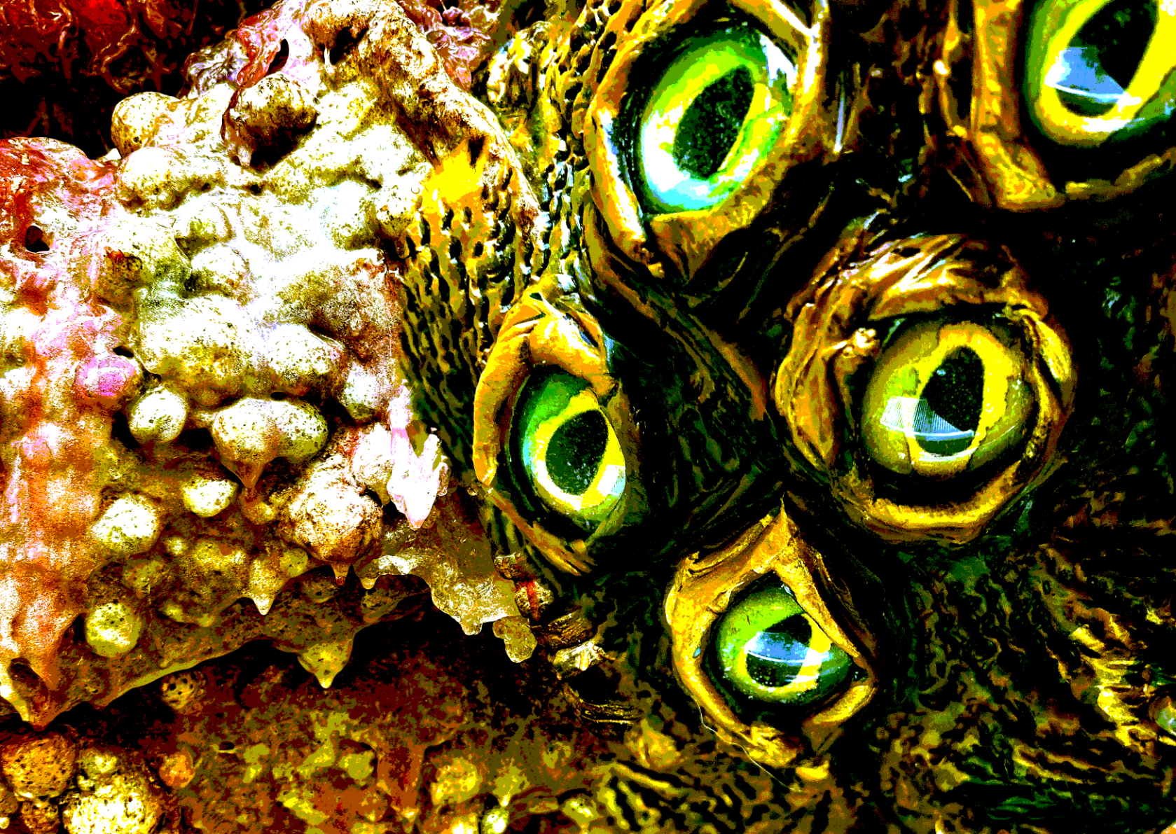 Some creature with way too many eyes stares at the viewer, its gooseflesh skin the only other thing to be seen in the frame.