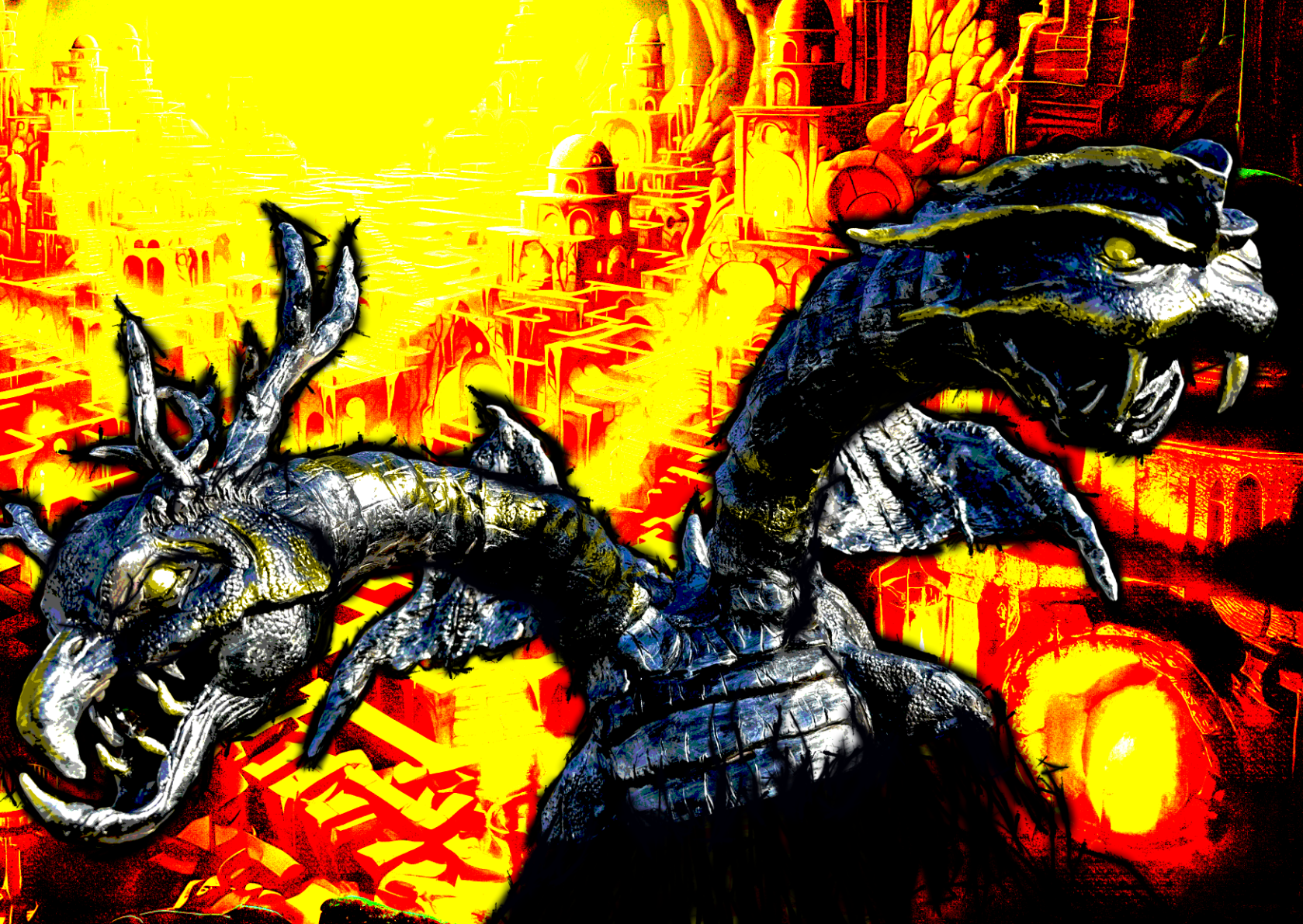 A dark two-headed bird creature strains against itself, its two necks stretched in different directions.