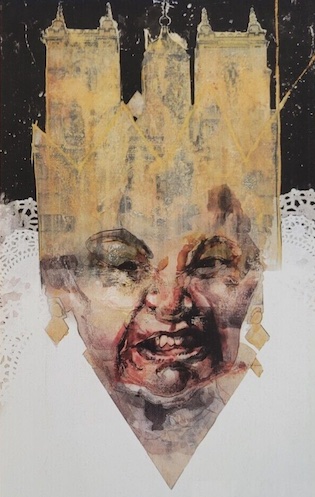 A watercolor painting of an older woman's face merging with the silhouette of a castle. The two images together give the impression she's wearing a crown.