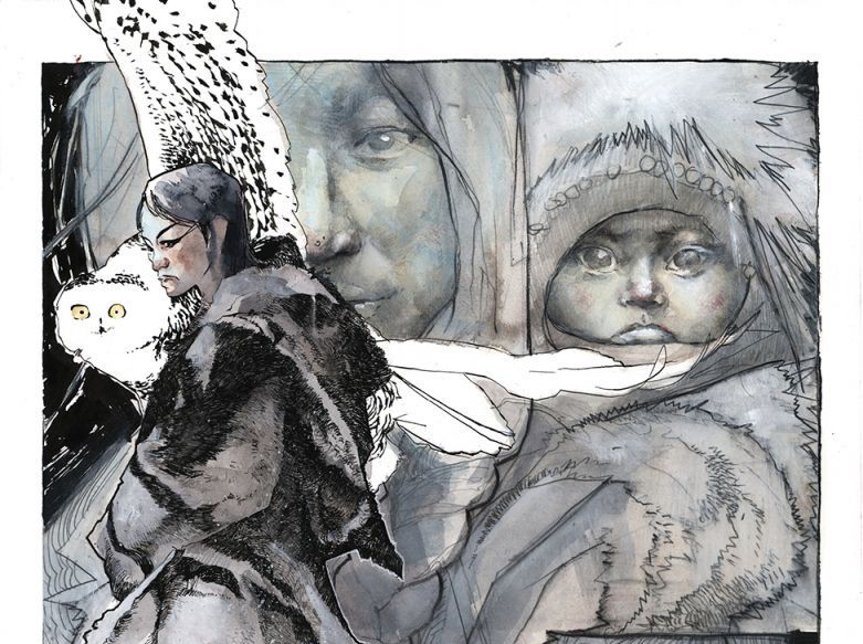 A watercolor collage depicting a woman and infant, both wrapped in warm clothing, and a snowy white owl in flight.