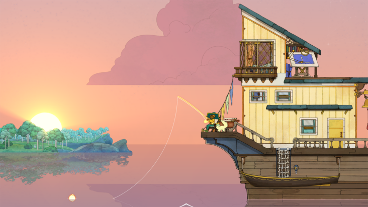 A screenshot from Spiritfarer shows a tiny figure fishing off the back of a large boat at sunset.