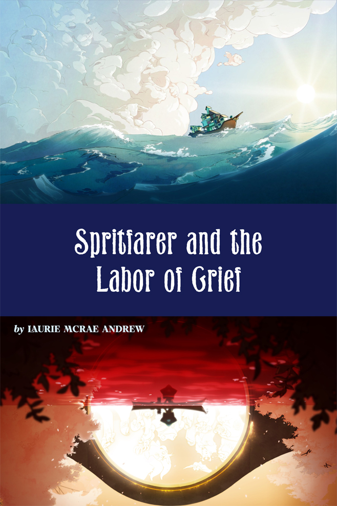 Art from Spiritfarer shows the underworld mirrored with the living, red-orange water below and turquoise seas above. A small craft traverses both.