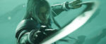 A screenshot from Final Fantasy VII Rebirth shows Sephiroth swing a sword in a wide arc as he stares stoically forward.