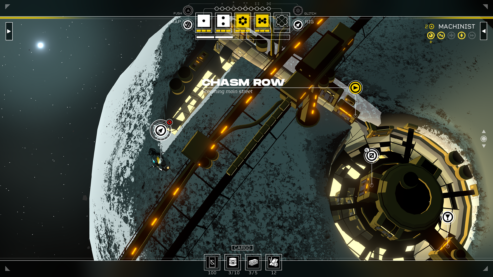 A screenshot from Citizen Sleeper 2, with lots of icons and dice and cargo overlaid an image of an asteroid and a train running between the drill and the other structures
