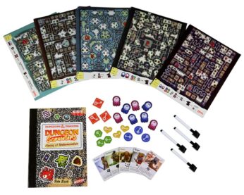 A photograph of several mazes in Dungeron Scrawlers with a few tokens, cards and markers