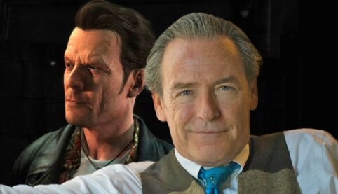 An image of Max Payne the character in grueling high fidelity with his leather jacket and weathered face and the voice actor James McCaffrey with a sly smile and his greying hair slicked back staring at the viewer