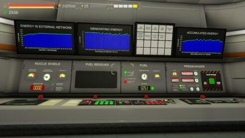 A screenshot from Nuclearesfeaturing a large control panel with several screens talking about generated and accumulated energy as well as butons and dials and more all involved in running a nuclear reactor