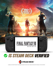 An ad for Final Fantasy 7 Rebirth on the Steam Deck with Cloud and Zak and Sephiroth standing around a stormy sunset above a Steam Deck