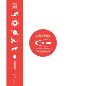 The red and white cover of Cloakroom – Last Leg of the Human Table, featuring a circular logo in a field of white.