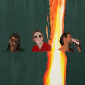Three musicians, looking cool, drinking beer and smoking cigs in front of dark background split by flame.