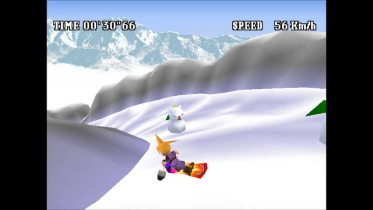 A screenshot from FFVII shows Cloud Strife snowboarding down a snowy chasm past a snow moogle.