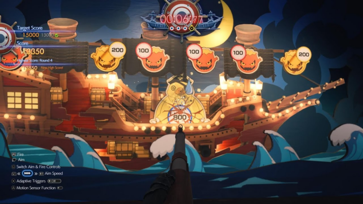 A minigame from FF7 Rebirth shows a canon aimed at the facade of a carnival game pirate ship.