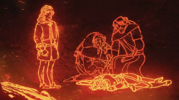 Another screenshot from Pentiment shows three people staring down at a dead body. One man stands apart as the others kneel over the deceased.