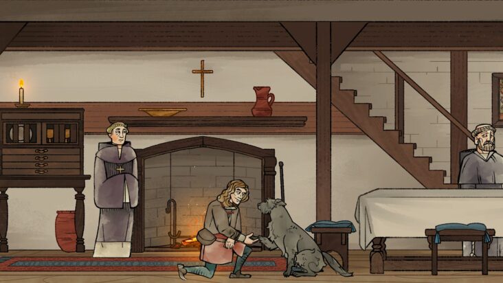 A screenshot from Pentiment shows a man shaking a dog's paw as two tonsured monks look on.