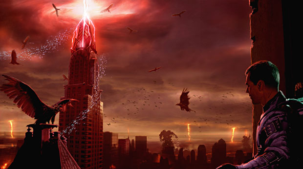 Giant birds soar through hellish skies as Legendary protagonist Deckard stares at a skyscraper being hit by red lightning in the distance.
