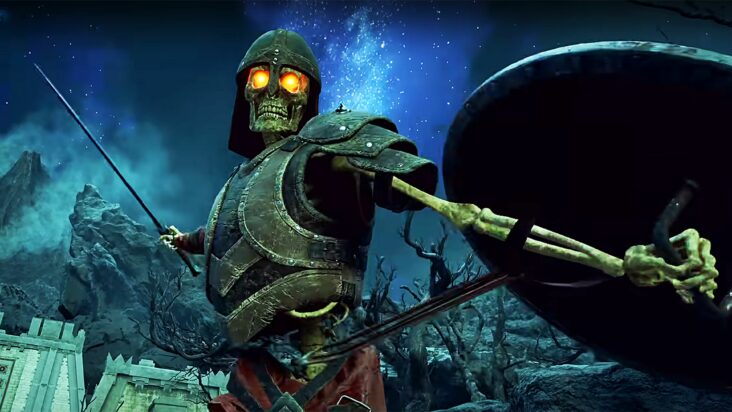 A skeletal warrior holding a round shield rears back its sword hand, ready to swing.
