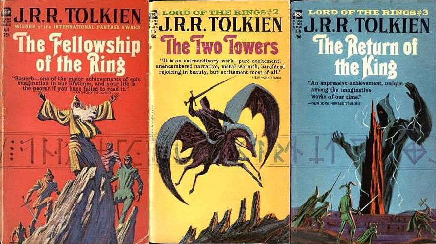 Retro 60s/70s paperbacks of The Fellowship of the Ring, The Two Towers, and The Return of the King each have stylized artwork of some of the series' villains.