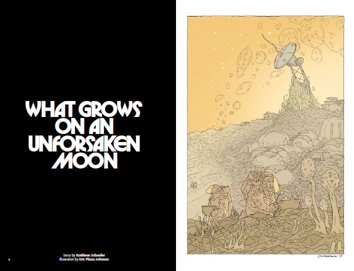A spread from Infinite Worlds magazine shows an illustration of a satellite dish scanning a sickly yellow sky on one side and a black box with the words "what grows on an unforsaken moon" written in stark white on the other.