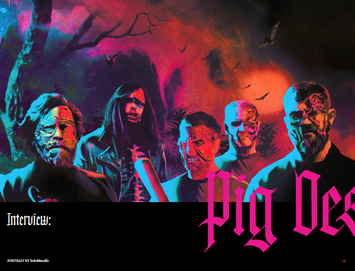 Another magazine spread shows a ghoulish illustration of the metal band Pig Destroyer, all of them rendered as zombies at various stages of decay.