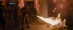 A scene from the Fahrenheit 451 remake shows a group of soldiers blowtorching a pile of books.