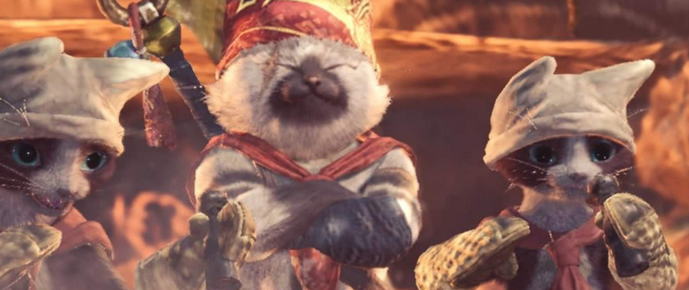 Three Felynes from Monster Hunter World stand shoulder-to-shoulder, awaiting conversation with the player.