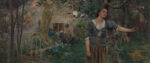 A crop of Jules Bastien-Lepage's Joan of Arc (1879), showing the young woman leaning wearily against a tree in a lush, overgrown garden.