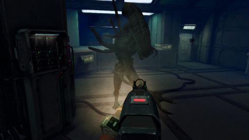 Another screenshot from Alien Rogue Incursion where the player is aiming their gun at the alien who has already taken one swipe it's very terrifying