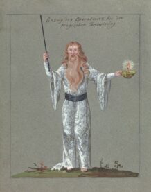 An old wizard print from the 18th century with a long blond beard and rod and candle and sick skull and crossbones robe slash jammies