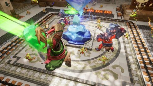 a screenshot for Orcs Must Die Deathtrap with a green hammer orc jumping into battle against a red lava orc and a lightning crystal in the center surrounded by train tracks and much much more