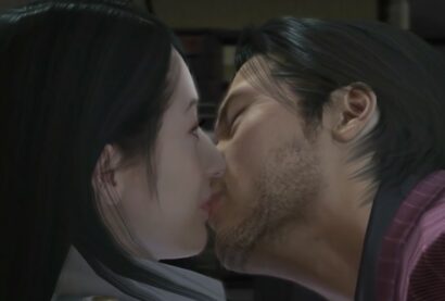 A screenshot from Yakuza where Shun Akiyama appears to be forcing a kiss on a surprised young lady