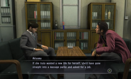 Shun Akiyama is facing a colleague in a grey suit saying If she truly wanted a new life for herself, she'd have gone straight into a massage parlor and asked for a job