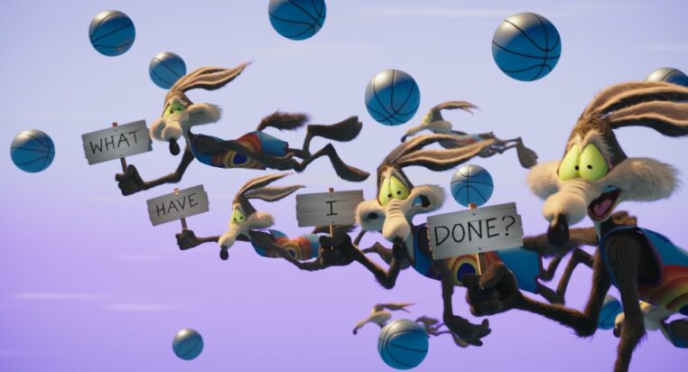A recursive, 3D-animated version of Wile E. Coyote flies through digital space, holding a serious of signs which say, "What have I done?"