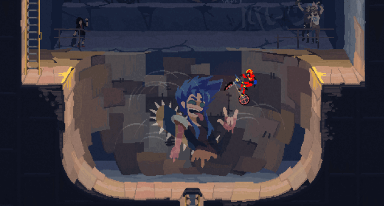 Turbo Kid rides his BMX in a half-pipe pit, the back wall of which is painted with punk rock Wastelander throwing up the rock-and-roll sign.