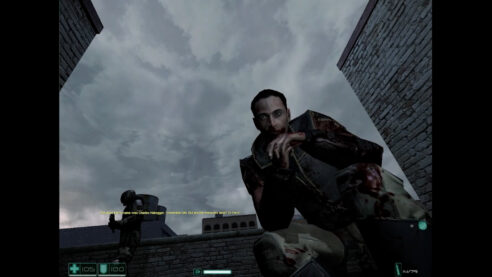 A screenshot from FEAR where the player is on the roof laying down and facing a bloody Paxton Fettel who stares at them blankly under a slate gray sky