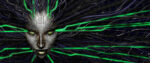 SHODAN from System Shock gazes ominously at the viewer, electric green and purple beams of light shooting outward from her face.