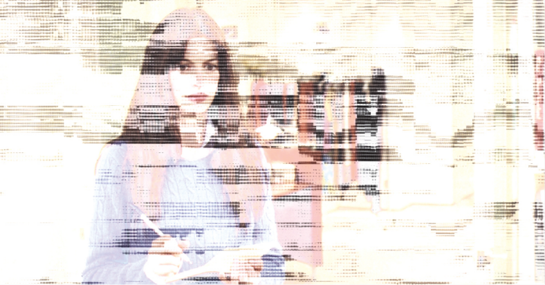 A glitched and degraded version of Anne Hathaway in a cerulean blue sweater from a scene in The Devil Wears Prada.