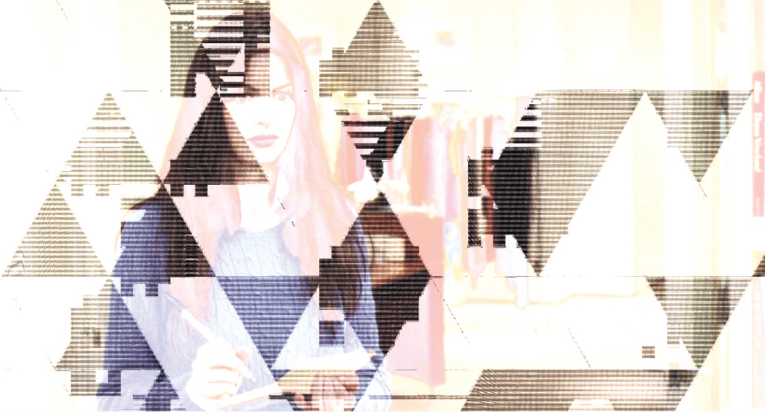 Another glitched and degraded version of Anne Hathaway in a cerulean blue sweater from a scene in The Devil Wears Prada, this time with several sharp triangles scattered across the image.