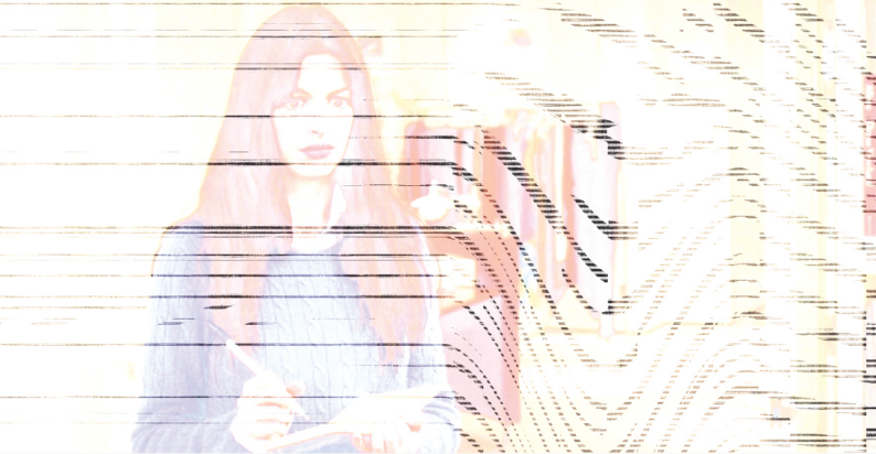 A third glitched and degraded version of Anne Hathaway in a cerulean blue sweater from a scene in The Devil Wears Prada. Now the image is so warped and faded you can barely see her.