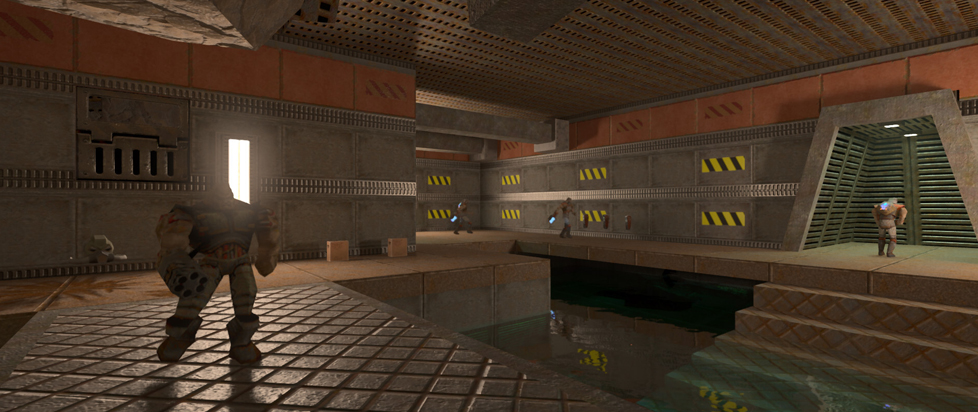 A moodily lit screenshot from Quake II shows several soldiers patrolling and underground compound.