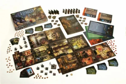 A photo of all the pieces and boards for hybrid, with many large room tiles, plenty of cardboard bits and bobs, rules, cards, and of course minis