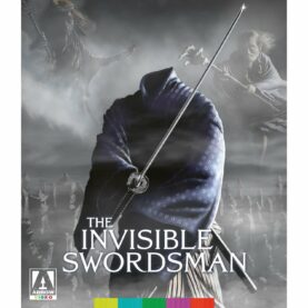 The Arrow 4K cover for the Invisible Swordsman where a samurai's robe appears to be standing without a body in it, holding a katana, with spirits and a cemetery in the background