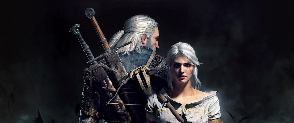 A crop of some promotional artwork for The Witcher 3 where the white-haired Geralt stands with his back to the viewer with his swords in full view while Ciri with her own white hair and scarred face faces the viewer