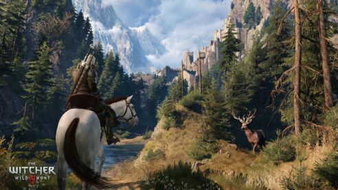 In-game screenshot from Th Witcher 3 where Gerald is riding Roach and who is staring at a Stag awhile standing in a valley near the fortress of Kaer Morhen