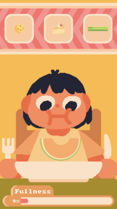 A screenshot from Consume Me shows a teen seated at a table in front of a large plate, cheeks full as she munches.