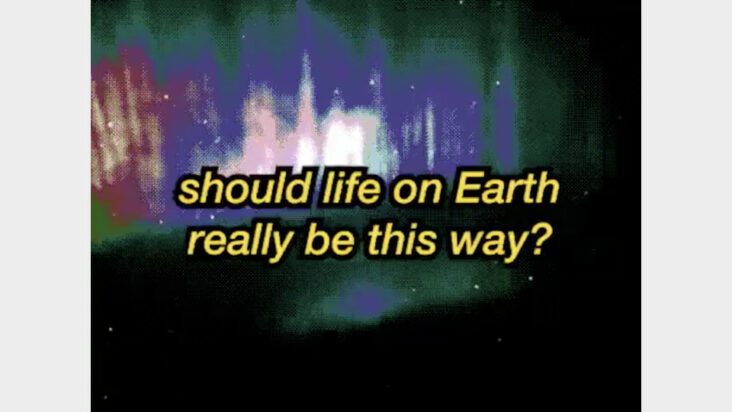 A screenshot from Known Mysteries shows a low-res image of outer space with the words "should life on Earth really be this way?" superimposed across it in  yellow text.