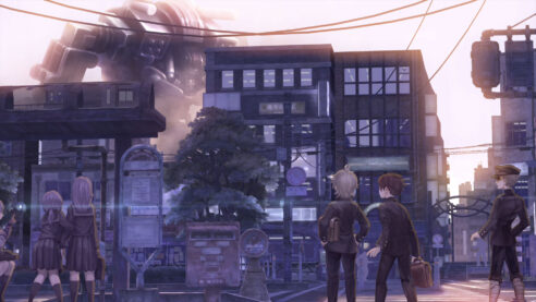 A screenshot from the trailer for 13 Sentinels Aegis Rim where a bunch of school kids in Japan are looking at a looming robot over their school